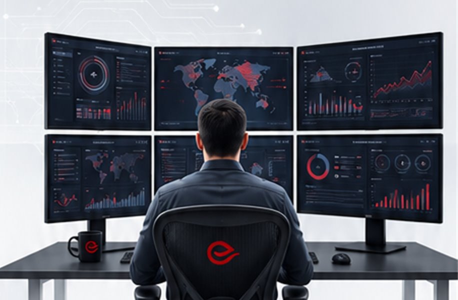Cyberinlab güvenlik operasyon merkezinde çok ekranlı izleme panolarını takip eden analist
